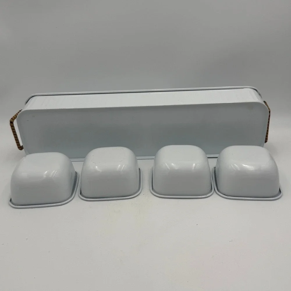 White Enamel Metal Condiment Server Set 4 Bowls Rectangular Tray Rattan Handles